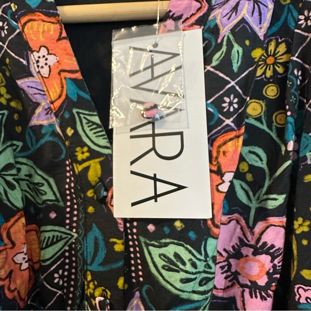 Avara Elena Floral Belted 3/4 Sleeve Mini Dress Black Multicolor Size XS - Picture 12 of 16